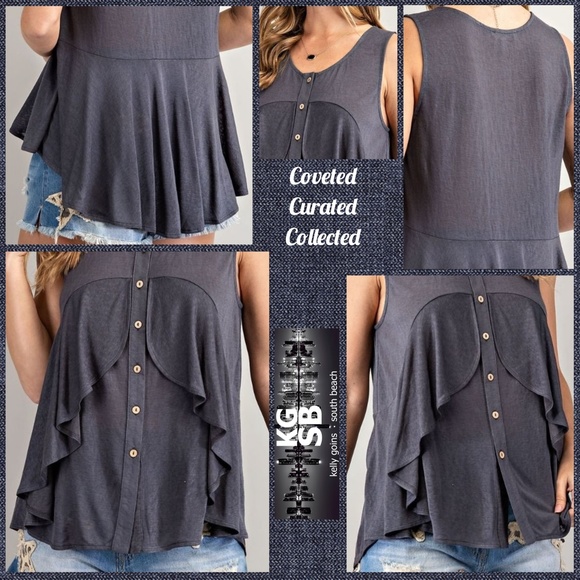 EASEL Button Down Flowy Tunic Top Ruffle Detail Front Pleated Back - Picture 12 of 14